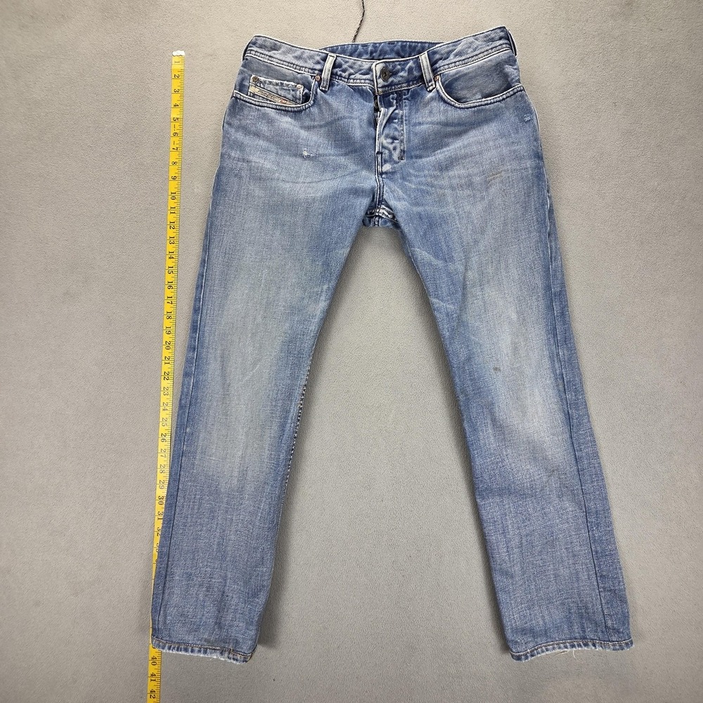Diesel Zathan Jeans Mens 33x32 Blue Light Wash Straight Button Fly Distressed